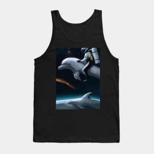 Astronaut riding on a Dolphin in Space Tank Top